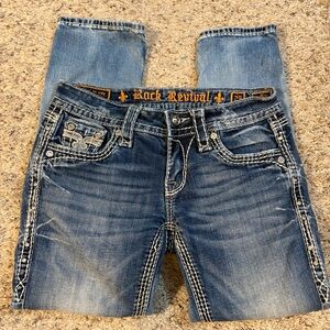 Rock Revival Kai Crop Blue  Jeans with White Stitching Waist 25